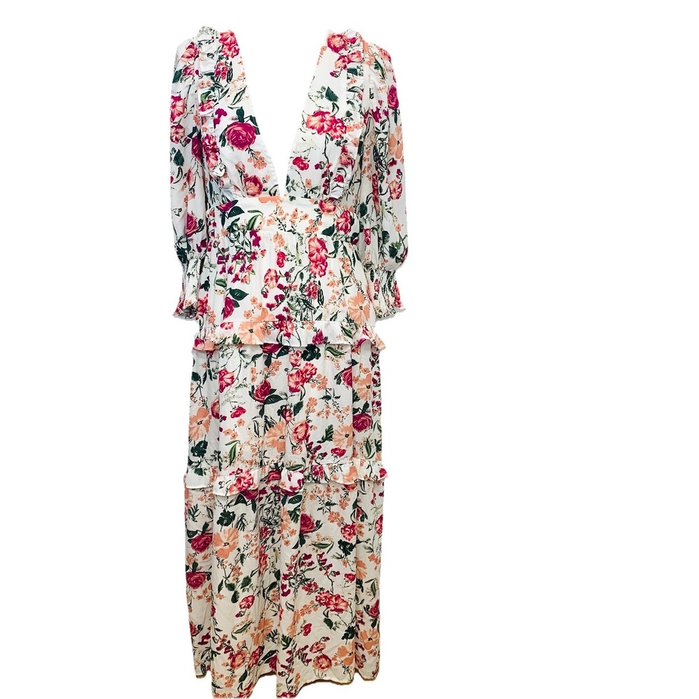 Shein Babydoll Tiered Maxi Dress 8/10 Pink Floral Ruffles Cottagecore Peasant